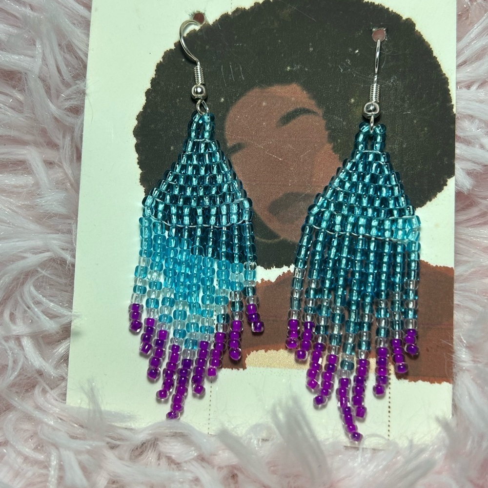 Blue Ombre Beaded Fringe Earrings with Purple Accents
